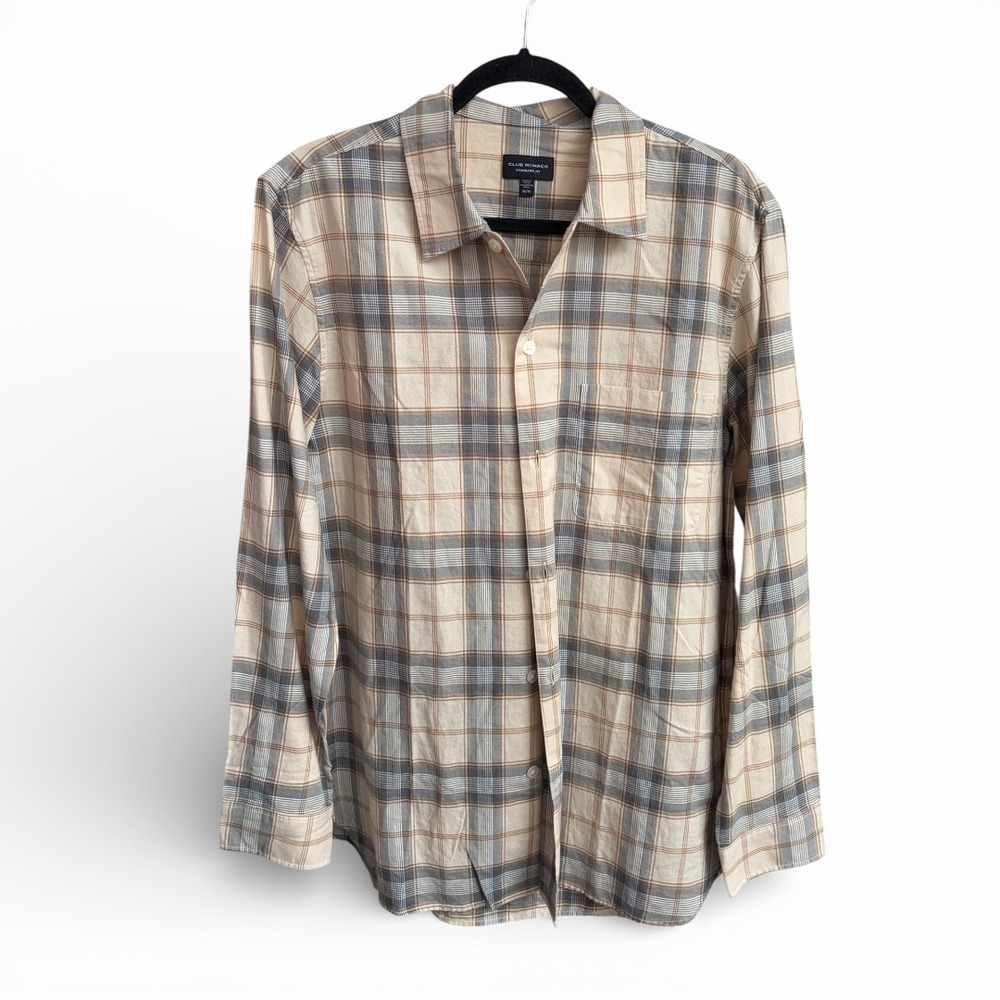 Club Monaco Button Down Tan Plaid Flannel Standard Fit Medium